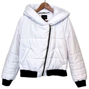 VAUTE Couture Vegan White Puffer Crop Jacket Asymmetrical Gold Zipper – S